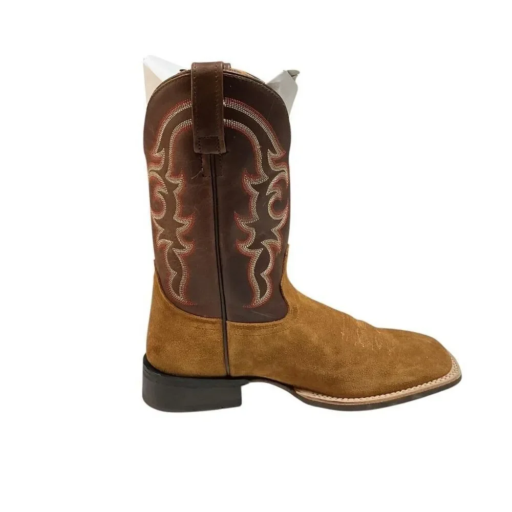 Old West Cowboy Boots Men 8 EE Brown Suede Leather Square Toe Embroidery Western